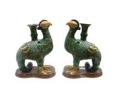 Pair Chinese Clay Green Phoenix Candle Holders s434  