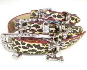 Leopard Rhinestore Buckle Bone Charm Dog Leather Collar  