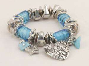 Blue & Silver Tone Stretch Bracelet w/Heart Charm NWT  