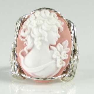 Grecian Goddess Floral Pink Cameo Ring Sterling Silver  
