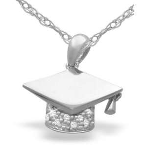  10k White Gold Graduation Hat Diamond Pendant (0.044 cttw 