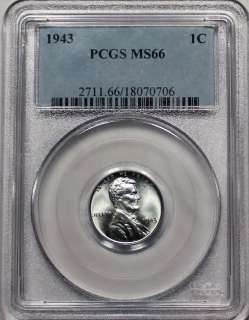 1943 P LINCOLN STEEL CENT PCGS MS66 UNC MS 66 WHEAT PENNY COIN US 