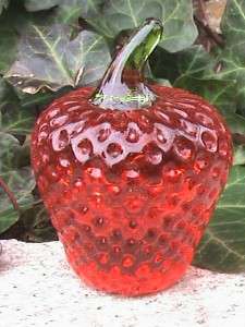 Vintage Red Art Glass Strawberry Paperweight Green Stem  
