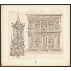  Furniture 16th C Carved Armoire +   Antique Print 1888 