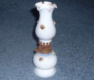 Vintage Antique MILK GLASS lantern oil hurricane ROSES  