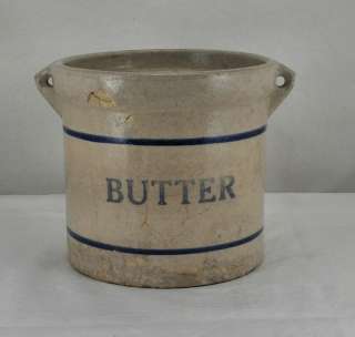 ANTIQUE STONEWARE COBALT LINES HEAVILY USED BUTTER CROCK 2 LBS? 5 1/2 