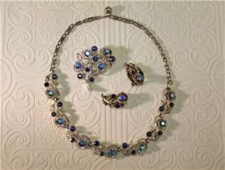 Vintage Lisner Pin Earrings Necklace Set Aurora Borealis Stones Signed 