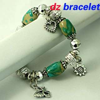   Blue Stretch Cylinder Beads Dragonfly Dangle Bangle Bracelet  