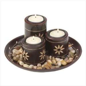   Mahogany Finish Tealight Candle Holder Pebble Tray Set