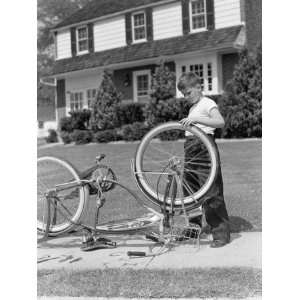  Boy Outside Front of House, Bicycle Upside Down, Spinning Front 