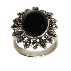  Marcasite & Black Onyx Oval Sunflower Ring Jewelry