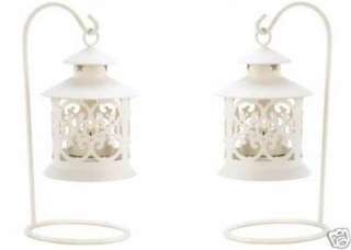 SET of 2 White FILIGREE Candle LANTERN on STAND NEW  