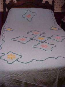 Vint. Aqua Chenille Bedspread w/ Flowers Cutter  