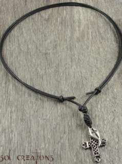 Mens Leather Cord Surfer Necklace w/ Cross Ichthus Pendant Pewter Eco 