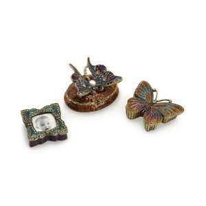   of 3 Colorful Ornate Butterfly Pewter Trinket Boxes