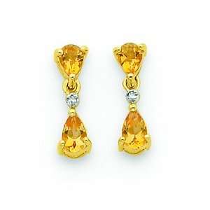   Rhodium Double Pear Citrine & Diamond Dangle Post Earrings Jewelry
