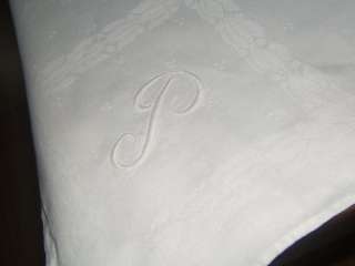   Antique MONOGRAMMED P White IRISH LINEN DOUBLE DAMASK Tablecloth