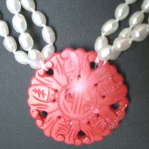   Carved Coral pendant with White Fresh Water Pearl Necklace (XS009