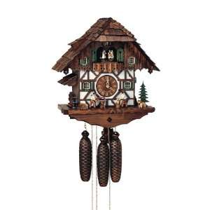 Cuckoo Clock Black Forest house with moving wood chopper and mill 