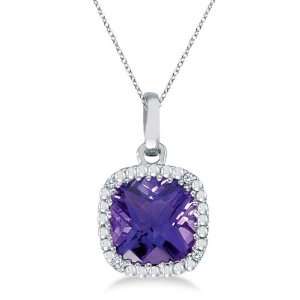 Cushion Cut Amethyst and Diamond Pendant Necklace 14K White Gold (7mm)