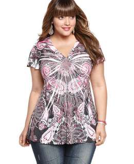 One World Plus Size Top, Short Sleeve Printed Embellished Babydoll 