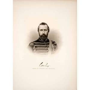 1879 Steel Engraving King Charles XV IV Sweden Norway Portrait Uniform 