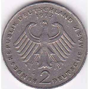   1972 Germany 2 Mark Coin   Konrad Adenauer 1949 1969 