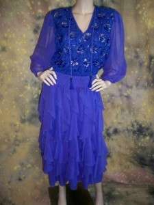 vtg 70s 80s DIANE FRES silk SeQuiN COBALT BLUE RUFFLE dress sz S 