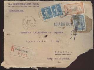 FRANCE TO COLOMBIA RARE AIR MAIL SCADTA REGISTER COVER  