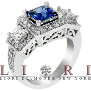 55 CARAT DIAMOND & BLUE SAPPHIRE RING 18K WHITE GOLD  