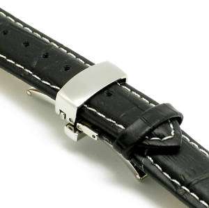 20mm Steel Butterfly Clasp Leather watch Strap Band B/W  