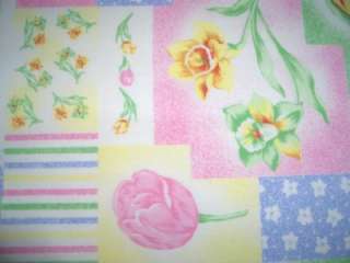 Floral Pastel Tulips Daffodils Squares Pink Blue Yellow Cotton Quilt 