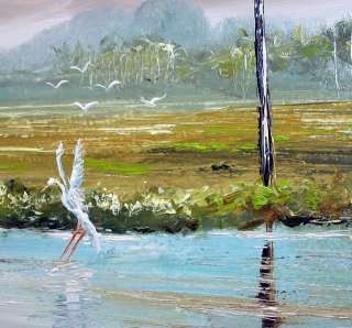 OIL PAINTING Original FLORIDA ART, COUNTRY RANCH, Egret, Palm Trees 