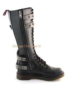 Womens Knee High Combat Boots With Studded Bondage Straps, Adjustable 