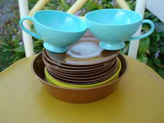 VTG Mixed Set Melamine Texas Ware Cups Plates Bowl yellow brown teal 