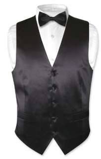 Biagio Mens Solid BLACK SILK Dress Vest Bow Tie Set L  