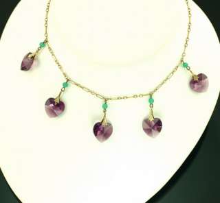   Amethyst Glass Faceted Heart Drop Pendant Green Beaded 12K GF Necklace