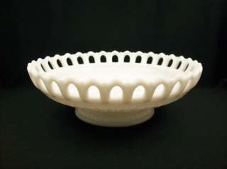Vintage Footed Milk Glass Low Center Bowl Open Lace Rim  