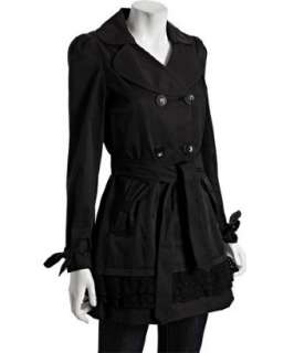 Betsey Johnson black double breasted eyelet trimmed belted trench coat 