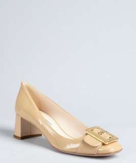 Prada sand patent leather logo buckle square toe pumps