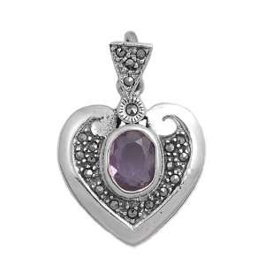   Silver & Amethsyt CZ Heart w/ Triangle Bail Marcasite Pendant Jewelry