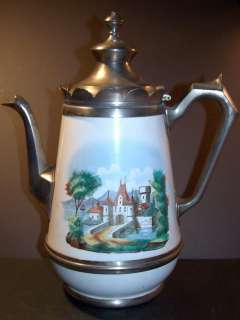   Pearl Agateware & Pewter Coffee Pot ~Graniteware w/Castle  