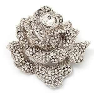  Large Crystal Dimensional Rose Corsage Brooch In Rhodium 