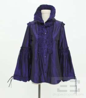 Oscar de la Renta Purple Silk Ruffle & Drawstring Button Down Blouse 