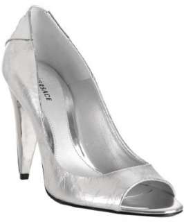 Versace silver metallic leather peep toe pumps  