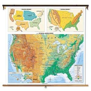 United States Physical Political Map, Dry Erase, Spring Roller Mounted 