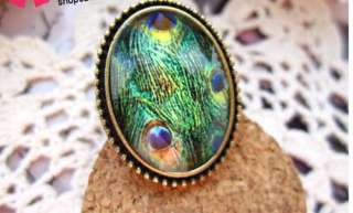 Ancient Bronze Peacock Feather Big Gem Retro Style Ring Adjustable 