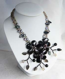 WIRED FLOWER NECKLACE WITH ONYX PEARL MOP QUARTZ  