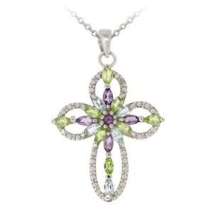   Silver Multi Gemstone & Diamond Accent Flower Cross Necklace Jewelry