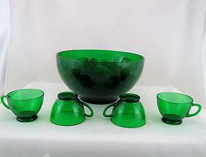 Anchor Hocking Forest Green Punch Bowl +12 Cups  